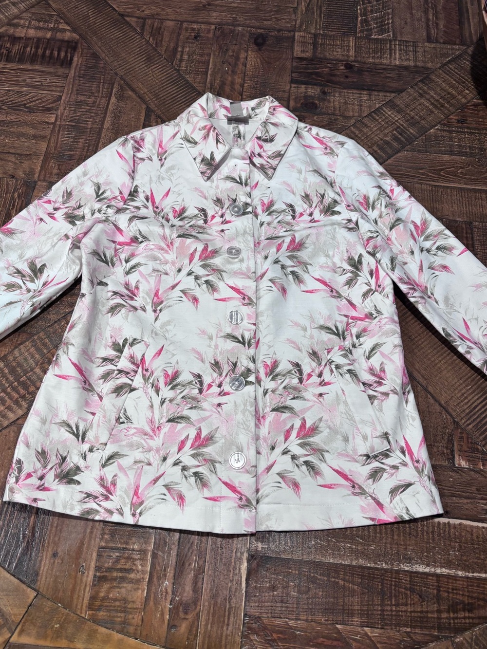 Chico's White Floral Jacket with Pink and Green Leaf Print in White Plus size 1